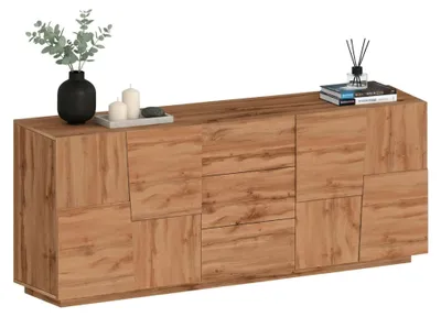 Produktbild von Kommode Yoel, Wohnzimmer-Buffet, Wohnzimmer-Kommode mit 4 Türen und 3 Schubladen, 220x44x86 cm, Eiche