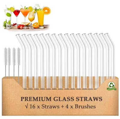 Immagine prodotto di Cannucce in vetro riutilizzabili, confezione da 20 pezzi, 16 curve, lunghezza 15 cm, 4 spazzole per la pulizia, vetro borosilicato