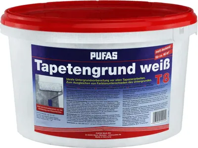 A white plastic bucket with a red lid, containing wallpaper primer. The bucket has a blue and white label with product information and branding.