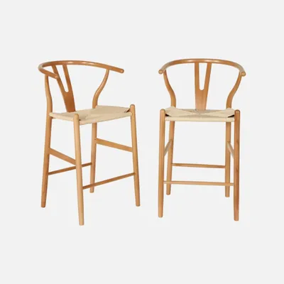 Immagine prodotto di Set 2 sgabelli da bar vintage in legno di faggio e corde, Marrone naturale