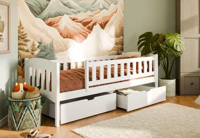 Produktbild von Kinderbett Einzelbett 90x200 mit zwei Schubladen, Rausfallschutz, Lattenrost, aus Vollholz massiv in weiss, Funktionsbett Jugendbett - verfügbar in vier Farben