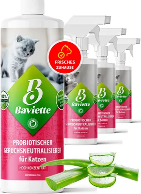 Produktbild von BAVIETTE Geruchsentferner Katze 1 Liter Konzentrat – Geruchsneutralisierer mit Mikroorganismen für Katzenklo, Teppich, Möbel & Auto