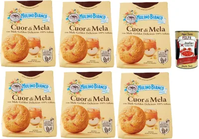 Produktbild von Mulino Bianco Cuor di Mela Biscotti con Mele 100% Italiane, Kekse mit 100% italienischen Äpfeln, cookies biscuits 6x 300 g + Italian Gourmet polpa 400g