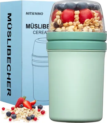 Produktbild von Müslibecher to Go 600ml+270ml,Joghurtbecher to Go Kinder mit Löffel,Müsli Cup to Go Becher,Cornflakes to Go,Müslibecher Müslidose Müslibox,Joghurt Box to Go