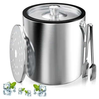 Produktbild von Runder Eiswürfelbehälter mit Sieb und Zange, 2L Edelstahl Eiskübel für Bar und Partys zur Getränkekühlung