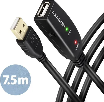 Produktbild von Axagon ADR-207 USB 2.0 A-M -> A-F aktives Verlängerungs‑/Repeater‑Kabel 7.5m, 7,5 m, USB A, USB A, USB 2.0, 0,48 Gbit/s, Schwarz