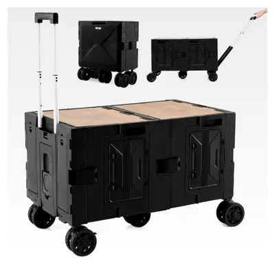 Produktbild von Faltbarer Bollerwagen, Handwagen mit Tischplatte, 2 Aufbewahrungskisten, verstellbarem Griff und Getränkehaltern, 150 L, Gartenwagen bis 60 kg belastbar, Transportwagen für Camping (Schwarz)