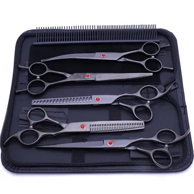 Produktbild von Professionelles Hundepflegeset aus Edelstahl, gerade, schlankmachende und gebogene Schere für Hunde und Haustiere, Katzenscheren-Set (schwarz)