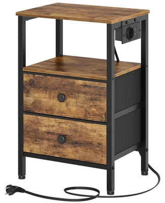 Nachtkastje met laadstation, 2 laden, USB, vintage bruin/zwart