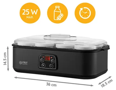 Produktbild von TZS First Austria Joghurtbereiter, 8 Glasbehälter je 180 ml, 1,4 L, Temperatur einstellbar, LED-Display, Abschaltautomatik, für Sojadrink geeignet