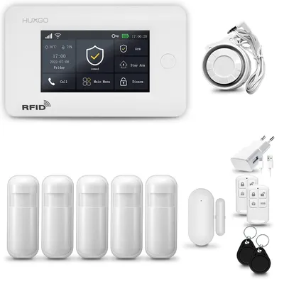 Immagine prodotto di HUXGO HXA006 Sistema di allarme per la casa, WiFi + GSM 4G, con sirena. Sistema di allarme dotato di 5 sensori di movimento e 1 sensore per porte e finestre, ideale per appartamenti e case