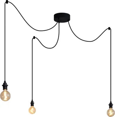 A black pendant light fixture with three exposed bulbs hanging from black cords.