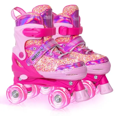 Image de Elzusha - Patins à roulettes réglables pour filles, disponibles en 4 tailles, pour une utilisation en intérieur et en extérieur, couleur rose