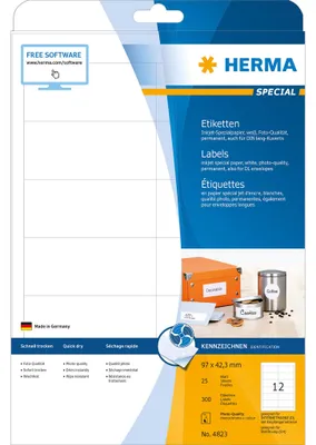 Zdjęcie produktu dla HERMA 4823, Biały, Samoprzylepne etykiety do drukowania, A4, Papier, Atramentowa, Na stałe
