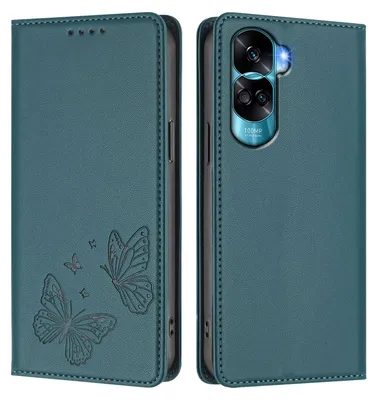 Image de Étui en cuir pour Honor 90 Lite, motif papillon, étui portefeuille à rabat avec support, vert