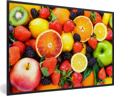 Produktbild von MuchoWow® Gerahmtes Poster Erdbeere - Zitrone - Obst 90x60 cm - Poster mit Schwarzem Bilderrahmen Wandposter Rahmen Foto Bilder - Fotorahmen - Foto-Plakat