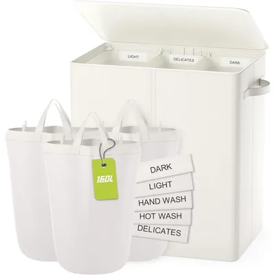 Immagine prodotto di Cesto per la biancheria con coperchio, capacità 160 litri, 3 scomparti, color beige, pieghevole, con inserti removibili