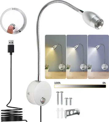 Produktbild von LED Wandleuchte Flexibel Lampenarm Dimmbar, Leselampe 3 Lichtfarben Memory Funktion, Wandlampe Touch Schalter USB, 3W Nachtlicht Silbern