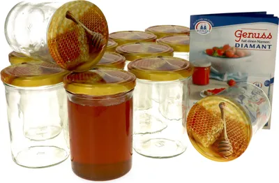 Produktbild von 12er Set Einmachglas 435 ml Deckel Honigwabe Rund- Einkochgläser Vorratsglas Gläser Aufbewahrung