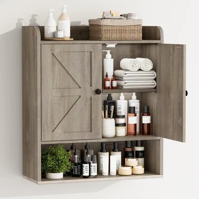 Immagine prodotto di Mobiletto da bagno sospeso, con due ante, ripiani regolabili, colore grigio noce, dimensioni 21x55x66 cm