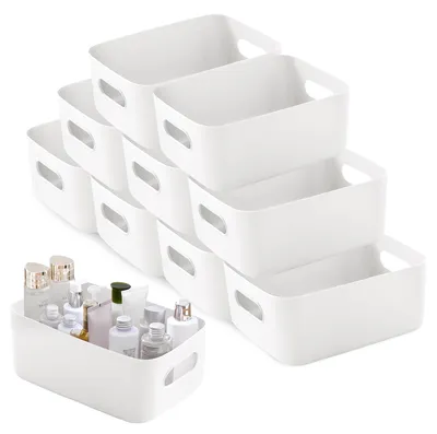Productafbeelding van Set van 10 grote, witte opbergboxen van kunststof, 30x20x12 cm, opbergboxen met handgrepen, opbergboxen voor de badkamer, opbergmanden voor de keuken.
