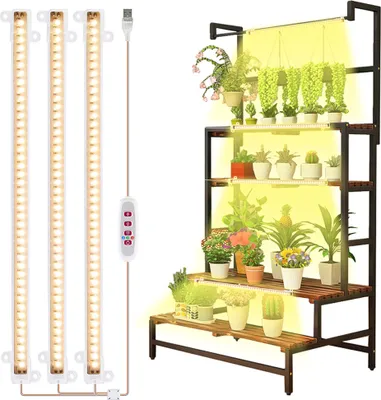 A plant shelf with grow lights and various potted plants.
