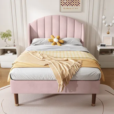 Produktbild von Rosa 90x200cm Polsterbett Samt (Ohne Matratze) mit Lattenrost und Kopfteil, Jugendbett, Einzelbett, Holzlattenunterstützung Etagenbett