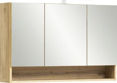 Produktbild von Badezimmerspiegelschrank "Kaprun" aus Spanplatte in wotaneiche mit 3 Türen und 6 Einlegeböden. Abmessungen (B/H/T) 100x64x20 cm