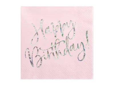 Zdjęcie produktu dla Urokliwe Serwetki "Happy Birthday" w jasnym pudrowym różu – idealne do dekoracji imprez urodzinowych! 33x33 cm, 20 sztuk w opakowaniu – dodaj magii swoim chwilom!