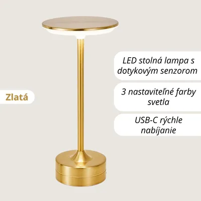 Obrázok produktu pre LED stolná lampa s dotykovým senzorom – 3 úrovne farby svetla, stlmiteľná – USB nabíjateľná & bezdrôtová – Moderná nočná lampa – Zlatá