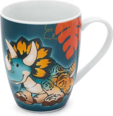 Produktbild von NICI 49471 Tasse Dino Cerastupsy 310ml 8x10cm mit Banderole blau - Teetasse Kaffeetasse Porzellantasse Henkeltasse Mug mit Henkel für Kalt- und Heißgetränke - Tolle Geschenkidee