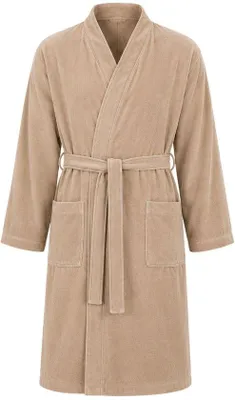 Image de Peignoir kimono en coton Unyqoos® – 100% velours de coton (320 g/m²), unie pour femmes et hommes, couleur beige, taille L/XL, avec col kimono et 2 poches