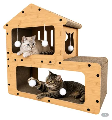Produktbild von Kratzbaum aus Karton, 62 cm, Haus für Katzen, Katzenliege, mehrstöckiger Kratzbaum, mit 7 Bällen, Katzenmöbel, Braun
