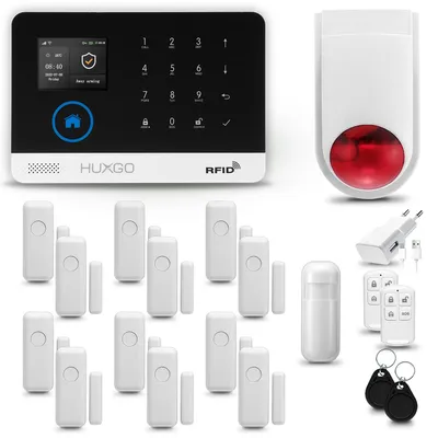 Produktbild von HUXGO HXA003 Alarmanlage Haus WiFi + GSM 4G mit Funk Sirene, Alarm System mit 1x Bewegungssensor und 12x Tür- Fenstersensor, Tuya Smartlife App