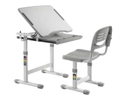 A height-adjustable desk and chair set for children.