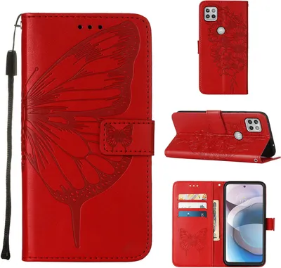 Produktbild von Moto One 5G Ace Hülle, Schmetterling Prägung Flip Leder Kartenfächer Schutzhülle Ledertasche mit Ständer für Motorola Moto One 5G Ace Rot