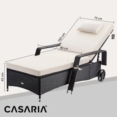 Image de Casaria® Chaise longue en polyrotin Noir-Crème coussin 7cm 2 roulettes Max 160kg Dossier réglable Bain de soleil jardin