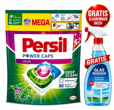 Produktbild von Persil A60 Power Color Capsules 60 Waschladungen + Glasreiniger GRATIS – Persil Waschmittel Caps für Waschmaschine, saubere Wäsche, Fleckenentfernung, Tiefenreinheit, frischen Duft, Color & Universal Wäsche, Vorratspack, Haushalt & Alltag