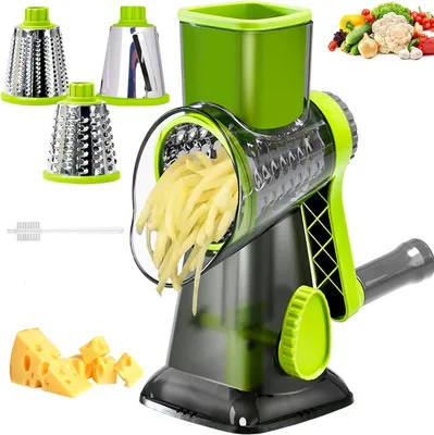 Obrázek produktu pro Struhadlo na sýr s kličkou, Kráječ na zeleninu se 3 vyměnitelnými bubnovými čepelemi, Kuchyňské struhadlo Rychlé krájení, Kráječ na zeleninu Ideální na sýr