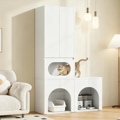 Produktbild von MODFU Haustierschrank Hochschrank mit Haustierruhebereich Katzentoilettenschrank Aufbewahrungsschrank Schrank für 2 Katzentoiletten und Ablagefächern Katzenhaus Weiß ohne Katzentoilette