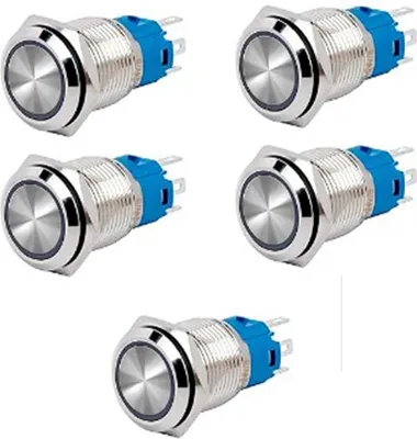 Produktbild von 5 Stück Druckschalter wasserdicht, 16mm Schalter 12V mit blauem Leuchtring, 12V Schalter Metall, 12-24V Selbstrückstellung, Druckschalter für Auto, Boot, Motorrad