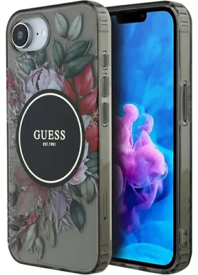 Produktbild von Guess IML Blumen MagSafe Hülle für iPhone 16e Schwarz