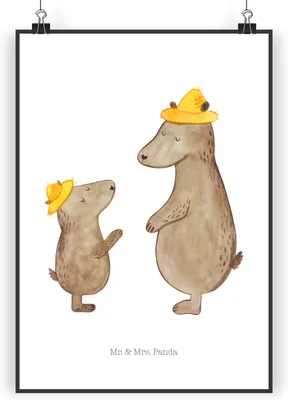Produktbild von Mr. & Mrs. Panda Bild Bären mit Hut DIN A4 - Weiß - Geschenk, Wandbild, Vater, wandkunst, Muttertag, Vatertag, Wanddekoration, drucke, Vorbild, wanddeko, Papa, Bär