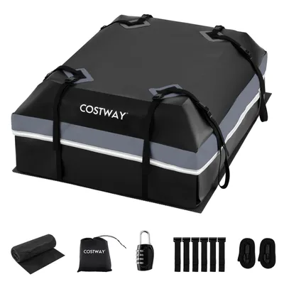 Obrázek produktu pro Střešní box COSTWAY, vodotěsný střešní kufr o objemu 450 l, zavazadlový box s protiskluzovou podložkou, 6 háčků na dveře, zámek a přepravní taška, přenosný střešní box, šedý