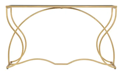 Productafbeelding van Zonnige console tafel van goudzwart ijzer en gehard glas – golvend ontwerp, 130 x 40 x 75 cm – een glamoureuze meubelstuk voor de hal of woonkamer – designmeubel