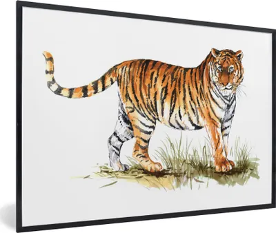 Produktbild von MuchoWow® MuchoWow® Gerahmtes Poster Tiger - Gras - Weiß 60x40 cm - Poster mit zchwarzem Bilderrahmen - Printing - Wanddeko Schlafzimmer