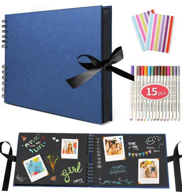 Imagen del producto de Omgoods: Álbum de fotos tipo scrapbook para hacer tú mismo, con páginas negras y 15 rotuladores