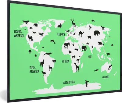 Produktbild von MuchoWow® Gerahmtes Poster Weltkarte Kinder - Tiere - Mintgrün 30x20 cm - Poster mit Schwarzem Bilderrahmen Wandposter Rahmen Foto Bilder - Kunstdruck - Bild-Poster