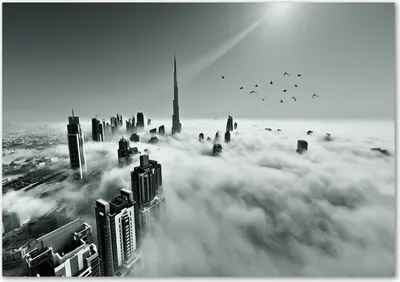 Produktbild von Tulup® Glas-Bild - 100 x 70 - Wandbild aus Glas - Wandkunst - Wandbild hinter gehärtetem Sicherheitsglas - Sehenswürdigkeiten & Architektur - Nebel über Dubai - Schwarzweiß