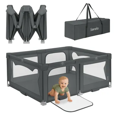 Produktbild von LIONELO Kinderlaufgitter Florence Easy Fold 150x180x75 cm, atmungsaktives Netz, sicher, tragbar, klappbar, 2 Eingänge, Reisetasche - Grau